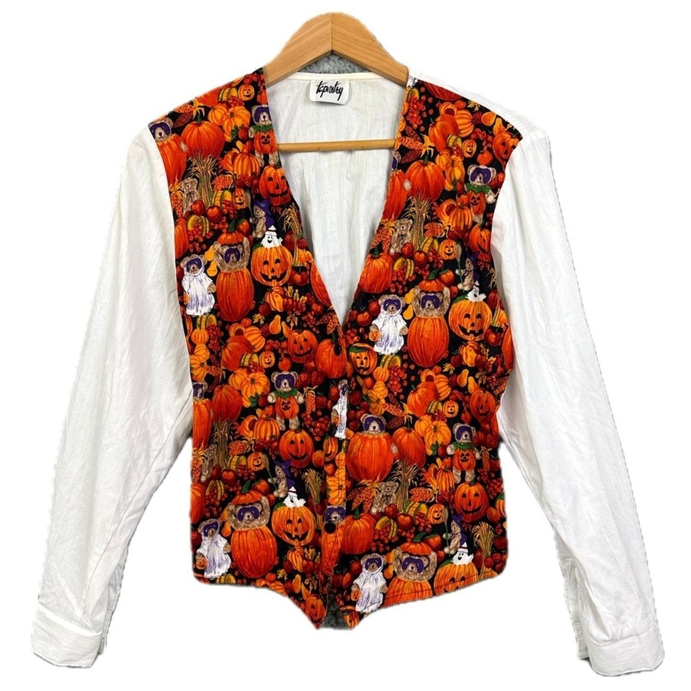 Tapestry Halloween Shirt Vest Women S Orange Pumpkin Cotton Blend Vintage 90s